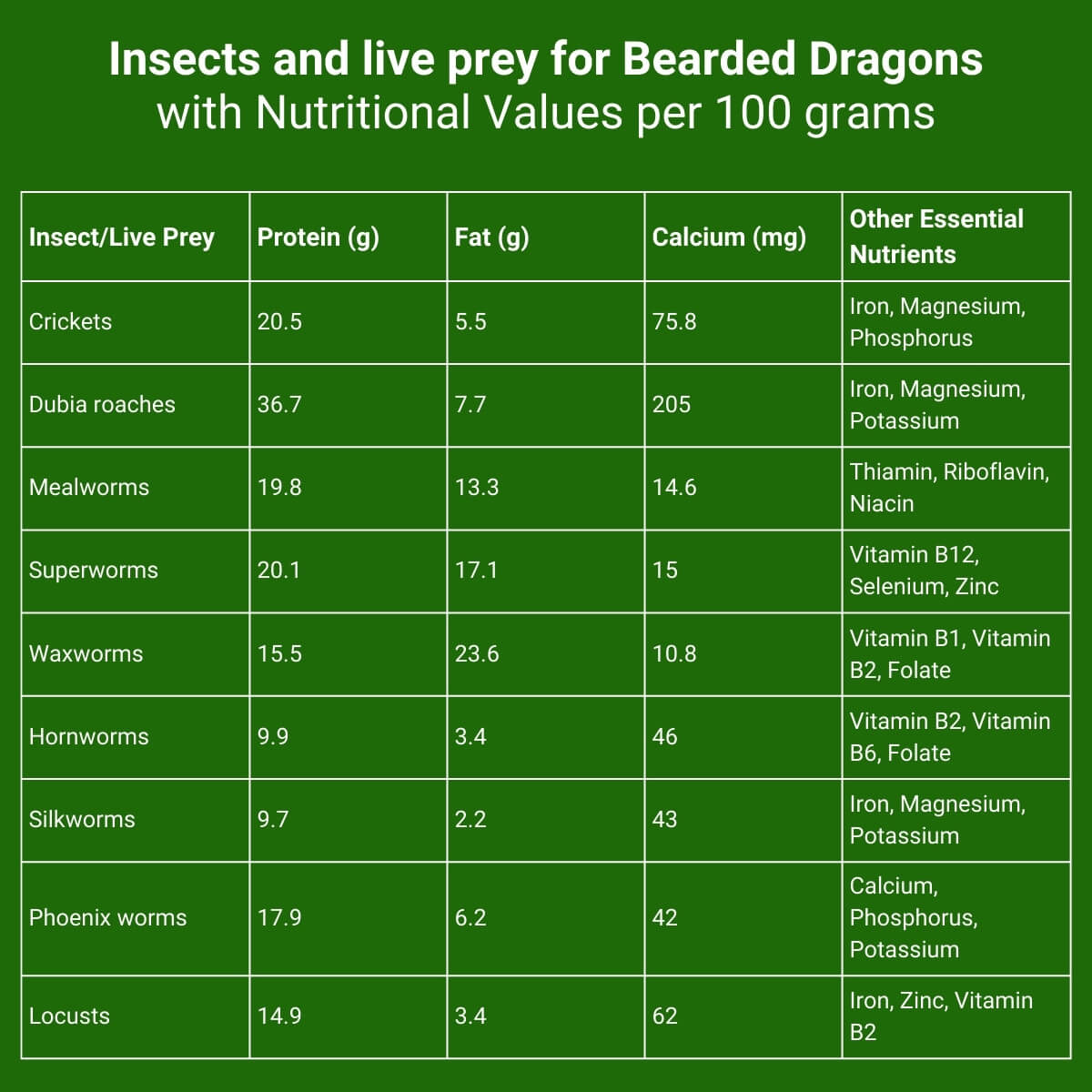 Infographic showing the nutritional value of different insects and live prey options for bearded dragons